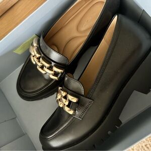 Black Leather Loafers with Gold Chain